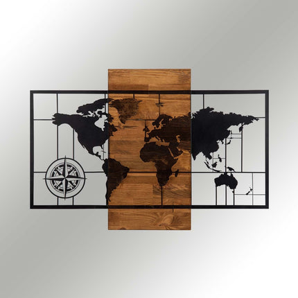 Fa fali dekoráció, World Map Wıth Compass-VASBÚTOR