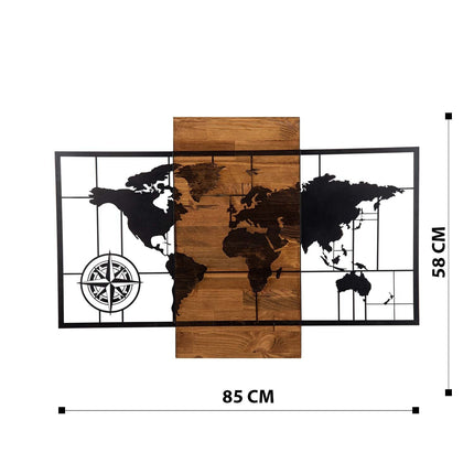 Fa fali dekoráció, World Map Wıth Compass-VASBÚTOR