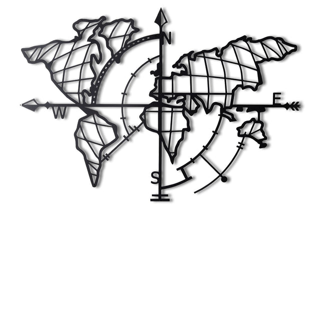 Fém fali dekoráció, World Map Compass Led - Fekete-VASBÚTOR