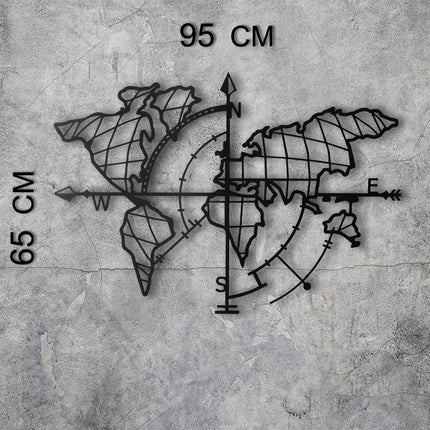 Fém fali dekoráció, World Map Compass Led - Fekete-VASBÚTOR