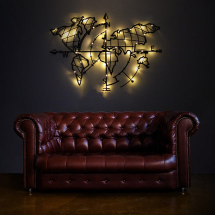 Fém fali dekoráció, World Map Compass Led - Fekete-VASBÚTOR