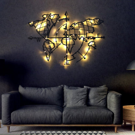 Fém fali dekoráció, World Map Compass Led - Fekete-VASBÚTOR