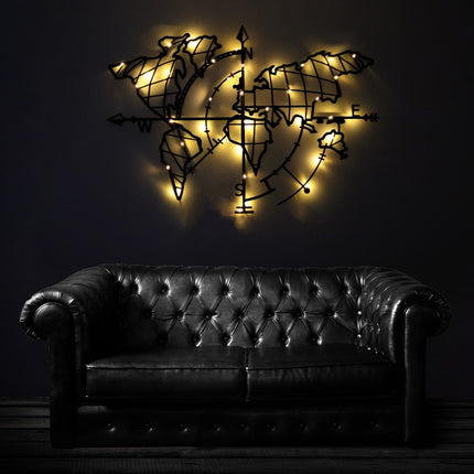 Fém fali dekoráció, World Map Compass Led - Fekete-VASBÚTOR