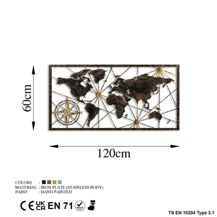 Fém fali dekoráció, World Map Large - 1-VASBÚTOR