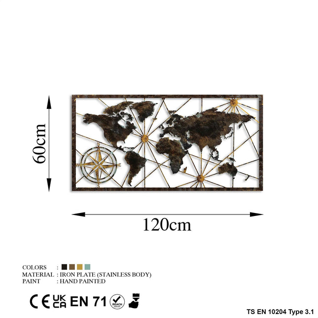 Fém fali dekoráció, World Map Large - 1-VASBÚTOR