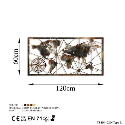 Fém fali dekoráció, World Map Large - 3-VASBÚTOR