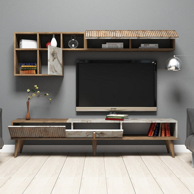 TV szekrény Milan - Walnut, White Marble-VASBÚTOR