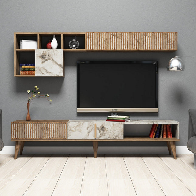 TV szekrény Milan - Walnut, White Marble-VASBÚTOR